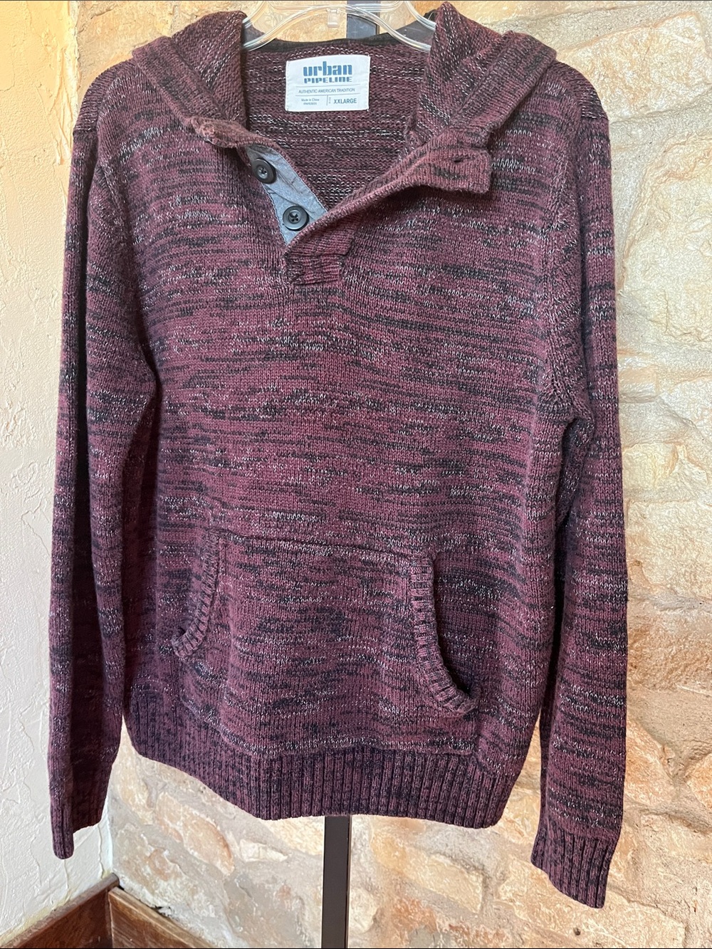 urban pipeline Men's Maroon Knit Zip-Up Hooded Sweater